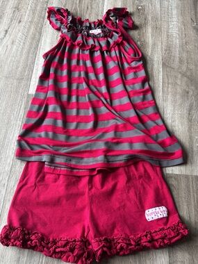 Ruffle Girl Pink & Gray Striped Ruffle Tank with Ruffle Shorts